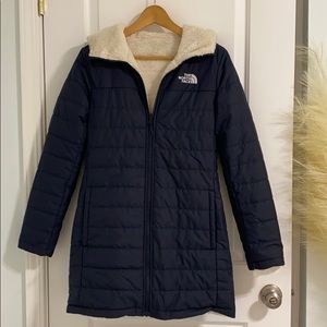 The North Face Navy Puffer Coat with Cream Sherpa Lining